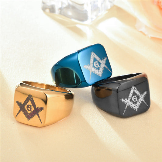 Men's Laser Engraved Masonic Symbol Ring