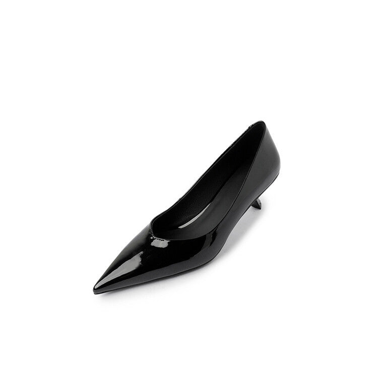 Patent Sheepskin Stiletto Heel Pointed Toe V-shaped Mouth Pumps