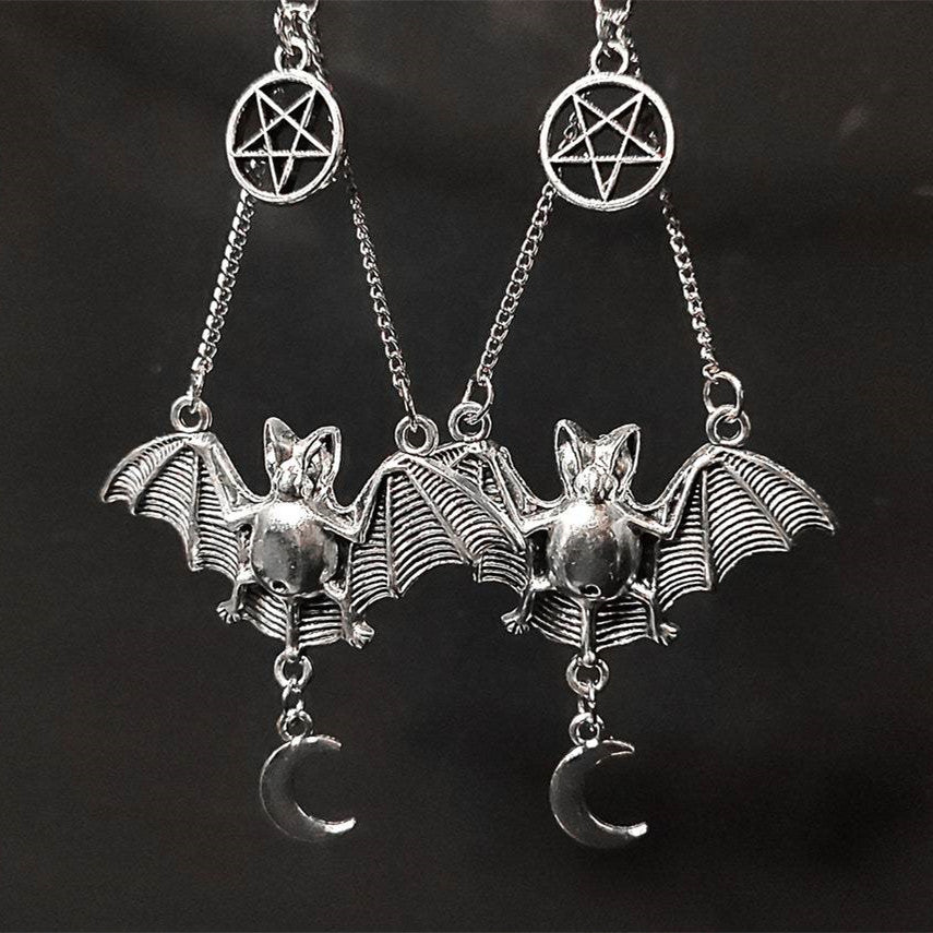 Pentagram Bat Moon Charm Earrings