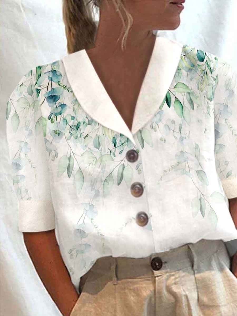 Cotton and Linen Printed Short-sleeved Shirt