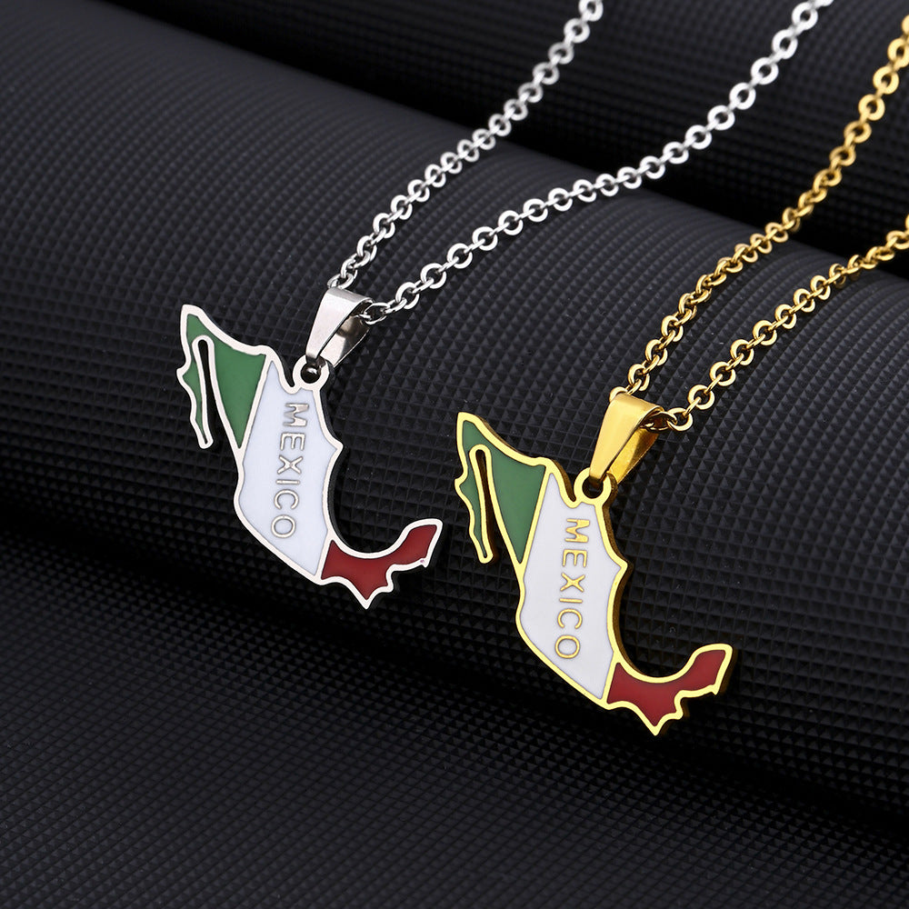 Stainless Steel Mexican Map And Flag Necklace