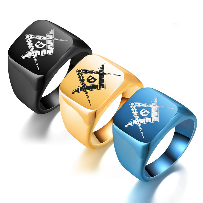 Men's Laser Engraved Masonic Symbol Ring