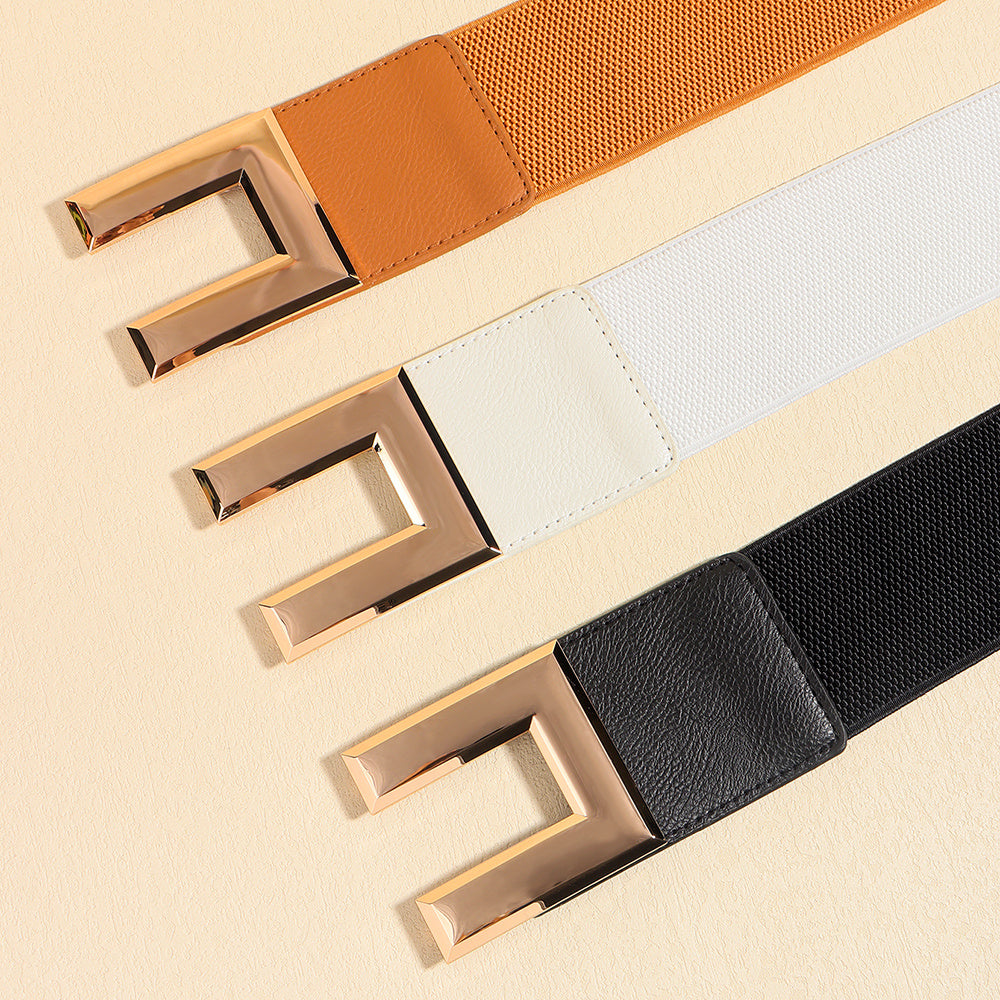 Elastic Wide Metal Square Buckle Belt