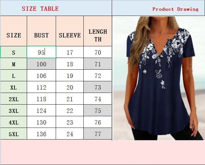 European Loose V-neck Gradient Color Short Sleeve Printed Top