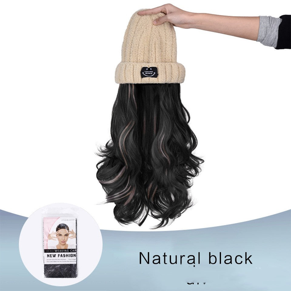 Winter Fashion Beige Knit Pick Dye Gradient Long Curly Hair Hundred Take Wig Hat