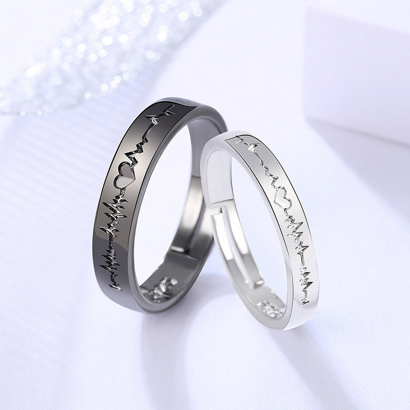 Romantic Black & White Heart ECG Couples Rings